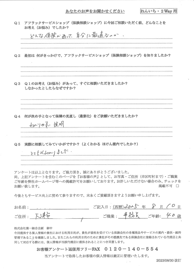 滋賀県大津市 40歳 事務員 女性 お客様の声 アンケート